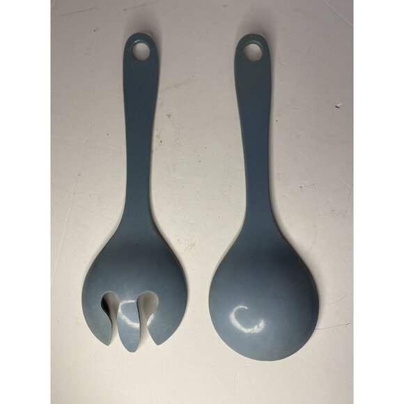 Vtg Salad Spoon Fork Tongs Utensils Servers Melmac Plastic MCM Blue - Picture 2 of 6